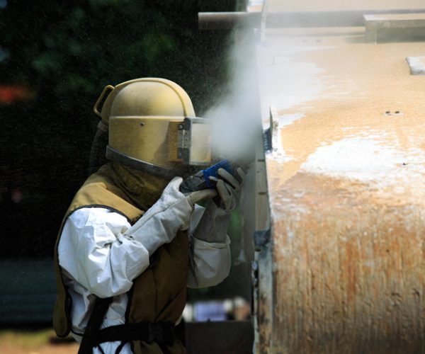 Worker is remove paint by air pressure sand blasting